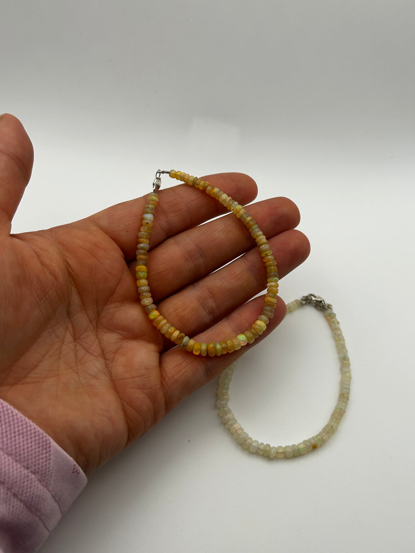 Beaded Opal Necklace & bracelet on Steel Strand with Silver Clasp.
