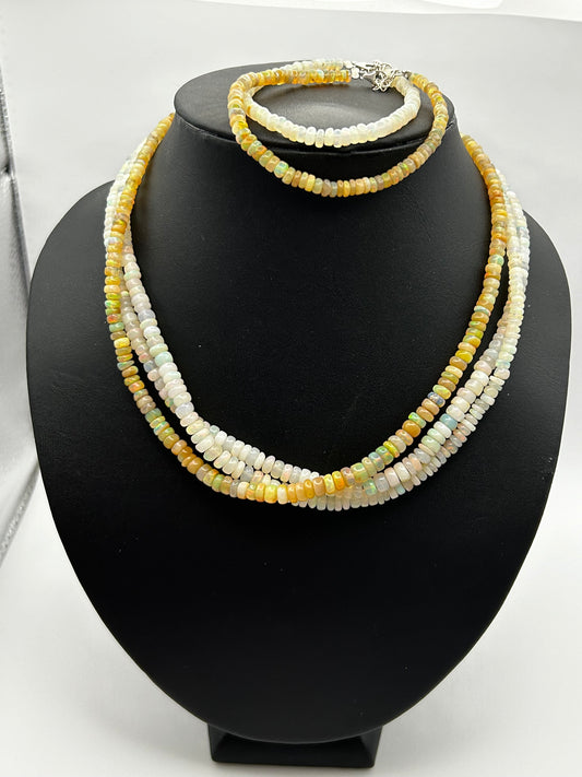 Beaded Opal Necklace & bracelet on Steel Strand with Silver Clasp.
