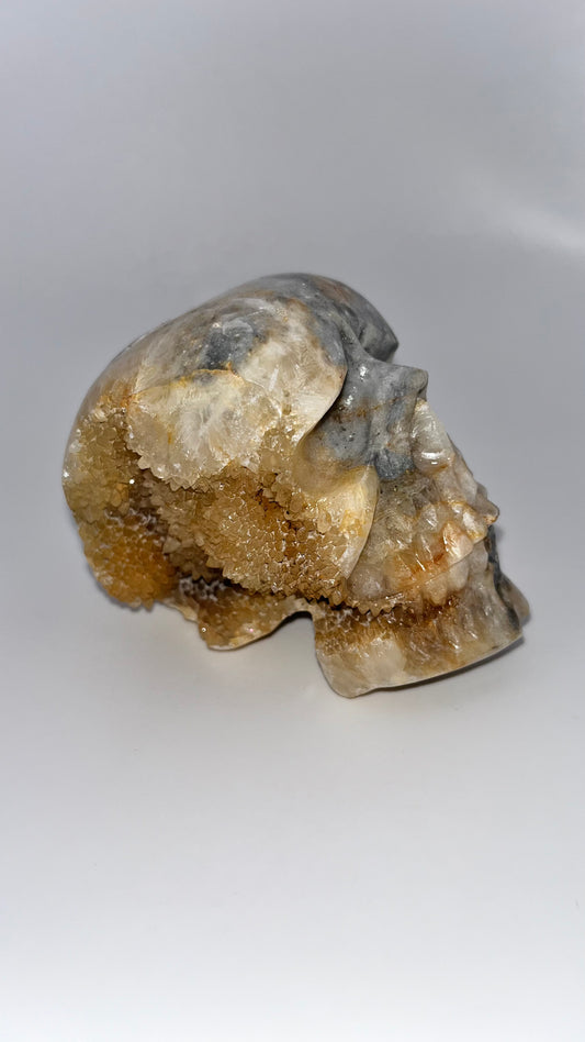 Quartz crystal druzy skull carving