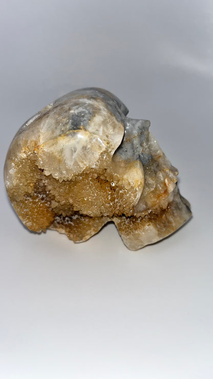 Quartz crystal druzy skull carving